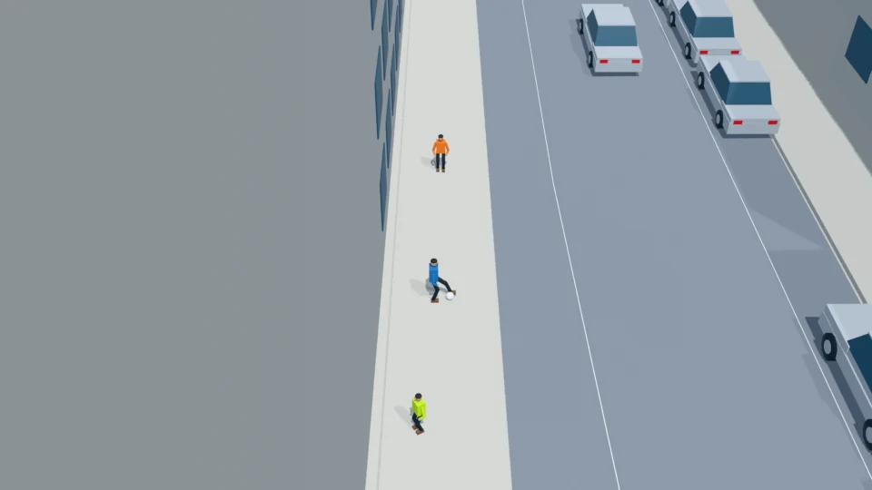 Misdirected kick: ball rolls into the road; ego stops before the line