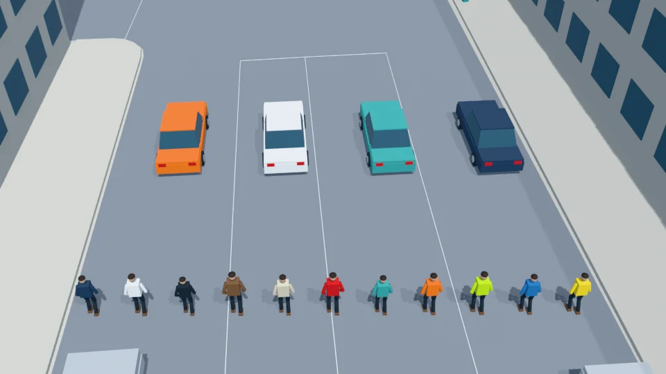 Four cars and eleven following marchers approach in a broad eastbound formation