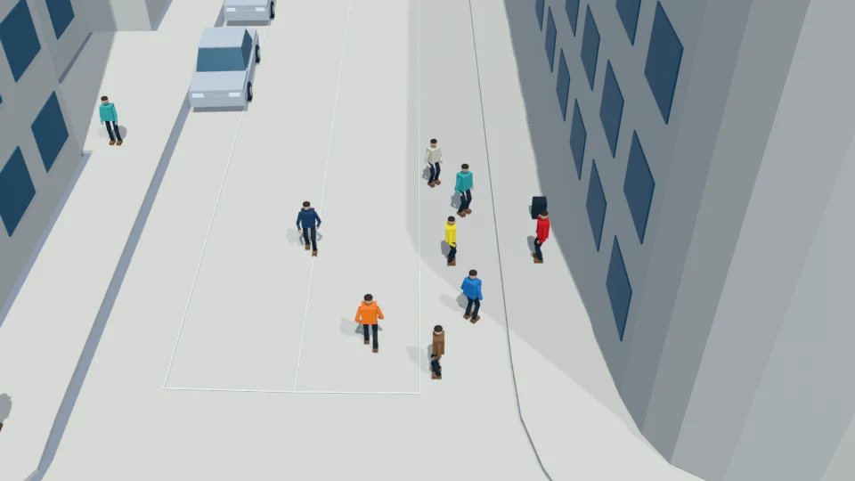 A spectator finishes approaching from the sidewalk; ego is stopped