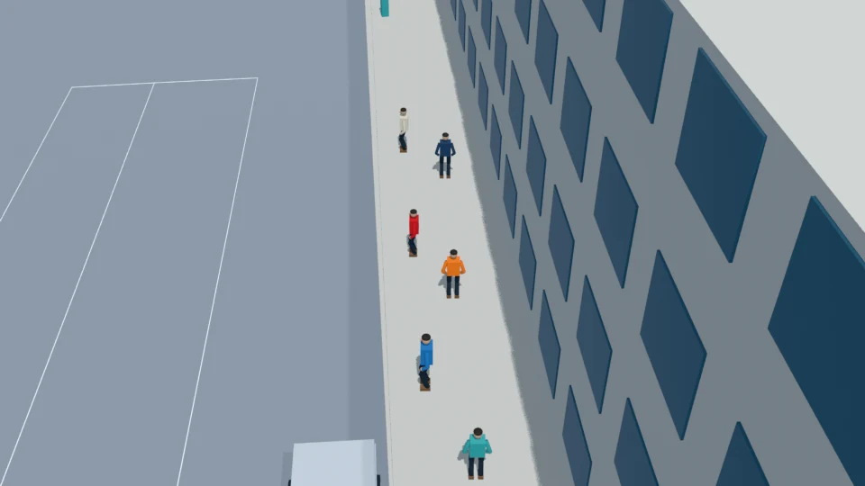 Six residents stand in a scattered formation beside the road.