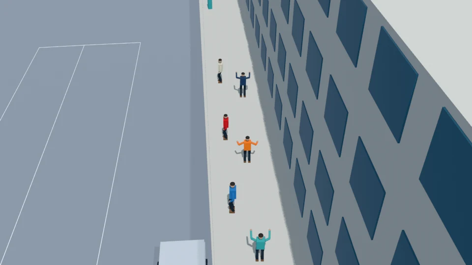 Three residents approach the roadway edge while the rear group warms up.