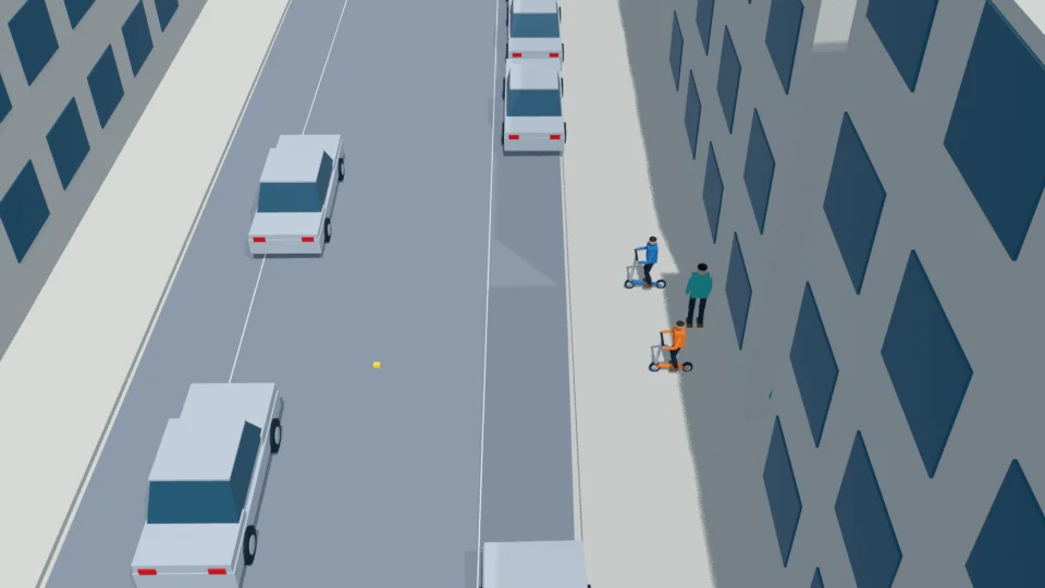 Two child riders approach the south curb; one small toy box already lies in the road.