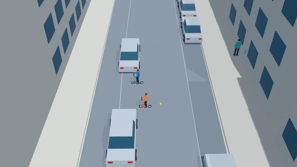 The trailing child looks back and brakes while the other continues forward.