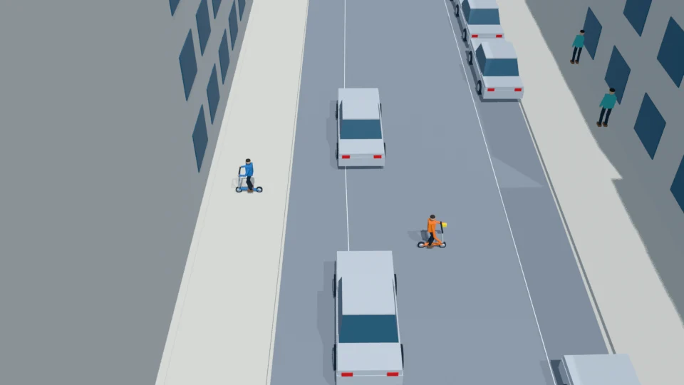 The box is lifted into the child's hand; the other child waits on the north sidewalk.