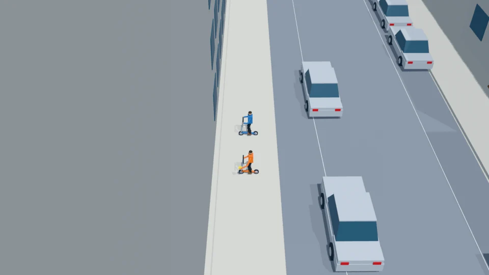 The returning child reaches the north sidewalk with the recovered box.