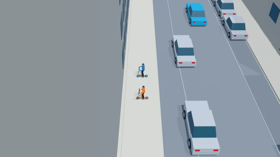Both children and scooters remain on the north sidewalk; the recovered box stays held.