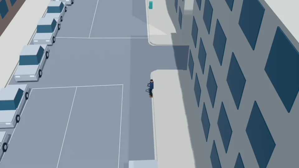 The pedestrian enters the roadway without looking toward ego.