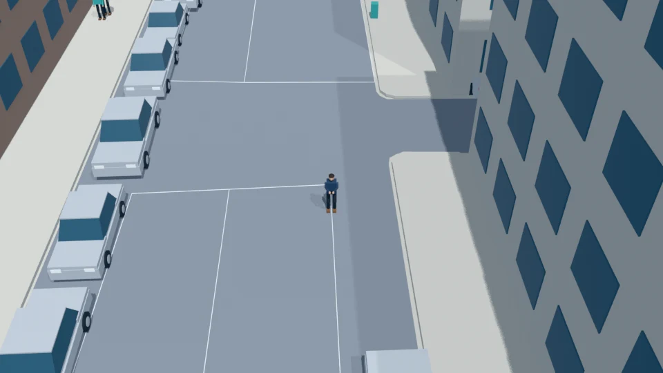 After a planted turn, the pedestrian changes course westward while still reading.