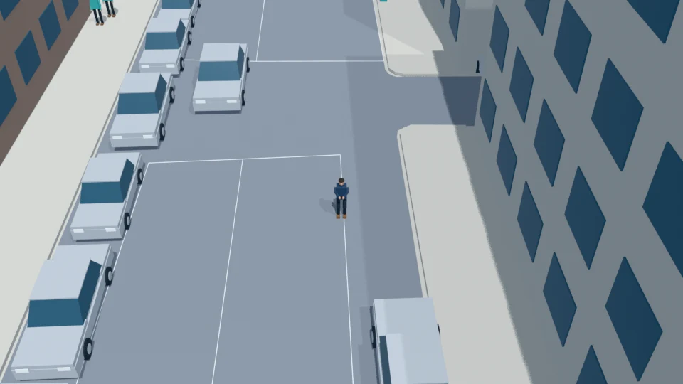 The pedestrian stops a second time, now farther upstream in the lane.