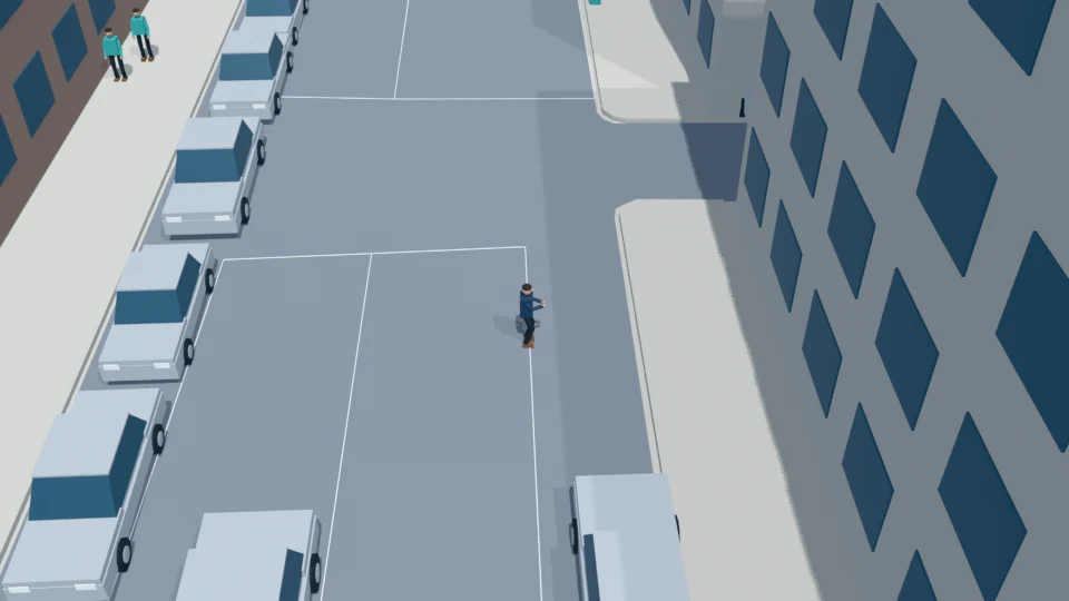 The pedestrian looks up and begins returning to the south sidewalk.