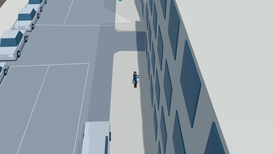 Following sidewalk arrival at 13 s and a two-second clearance check, ego may resume.