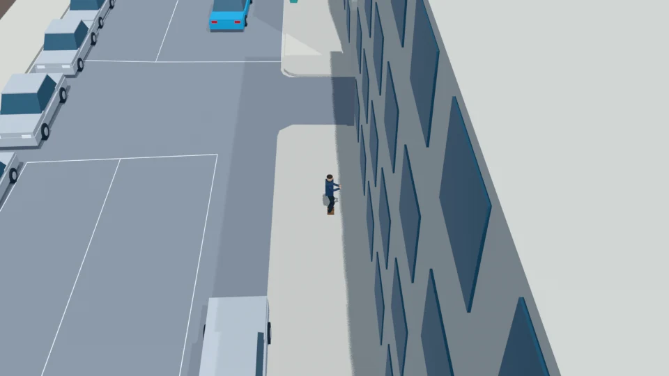 The pedestrian remains on the sidewalk with the same phone still held.