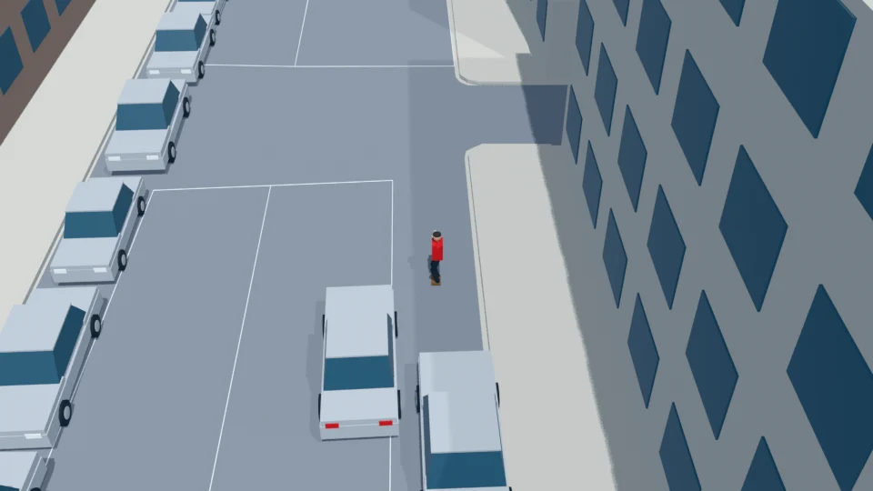 An emphatic free-hand gesture accompanies an unintended step off the curb