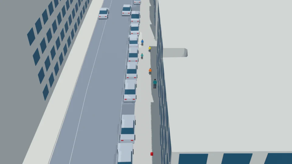 The trailing child notices the missing backpack and stops.