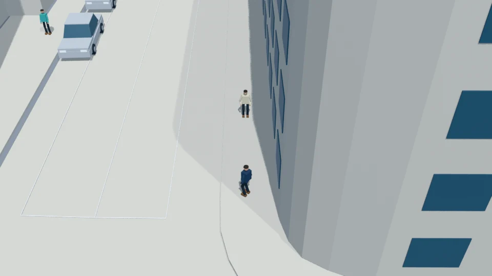 The unsteady adult pauses on the south sidewalk; a separated pedestrian remains farther east.