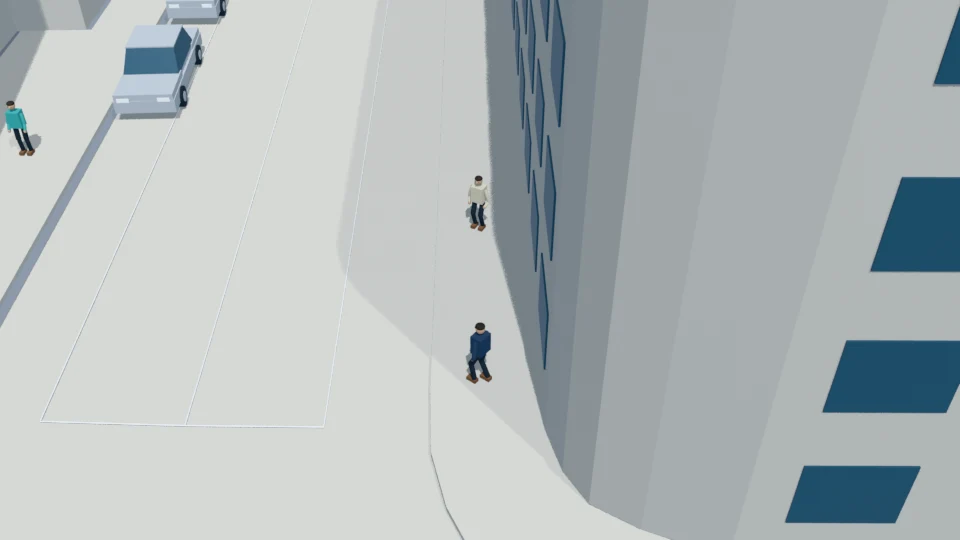 The adult begins the first hesitant movement into the roadway.