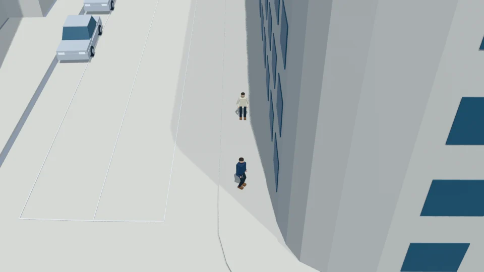 The adult briefly regains the sidewalk but does not establish a stable onward route.