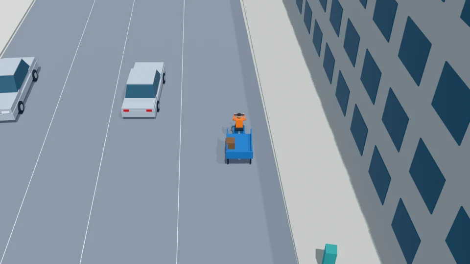Courier approaches eastbound on the right side aboard the tricycle