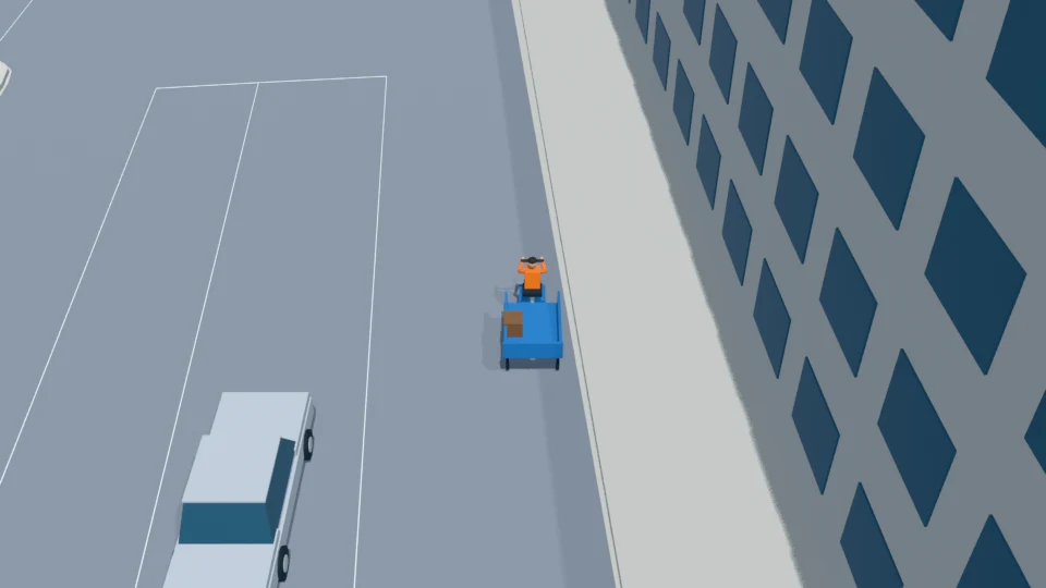 Tricycle finishes braking beside the right curb; ego is already stopped
