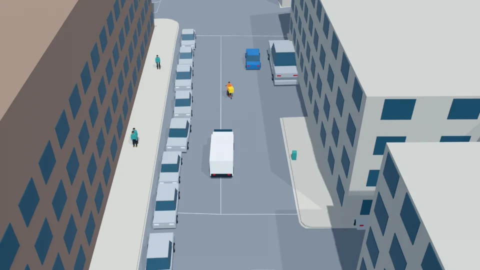 Third detour: courier moves left again to avoid the hatchback