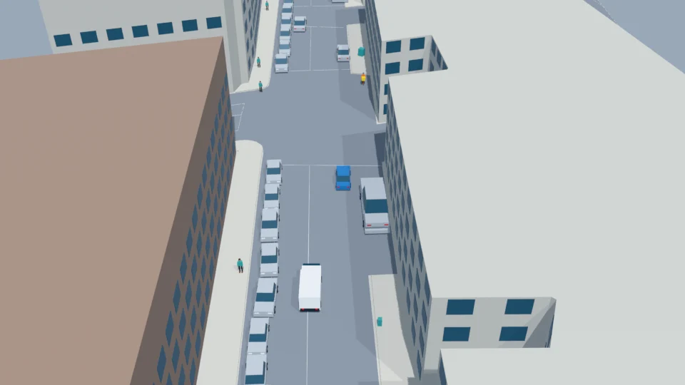 Courier finishes braking on the shoulder; traffic settles to a stop