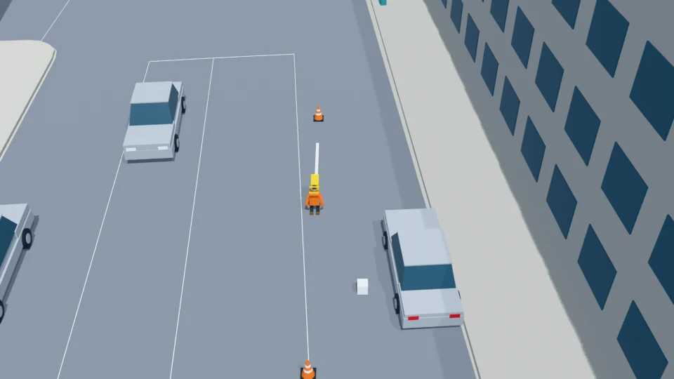 Worker resumes half-crouched marking at the second station