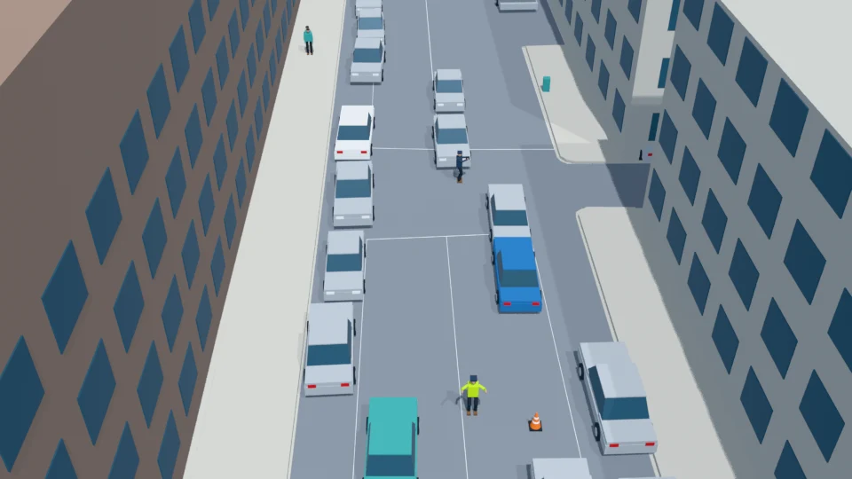Low-speed bumper contact occurs without mesh penetration; traffic officer holds ego