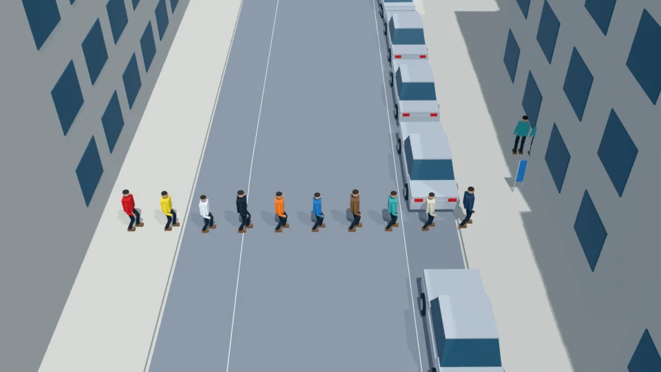 Ten spectators slowly queue toward a southern venue entrance rehearsal