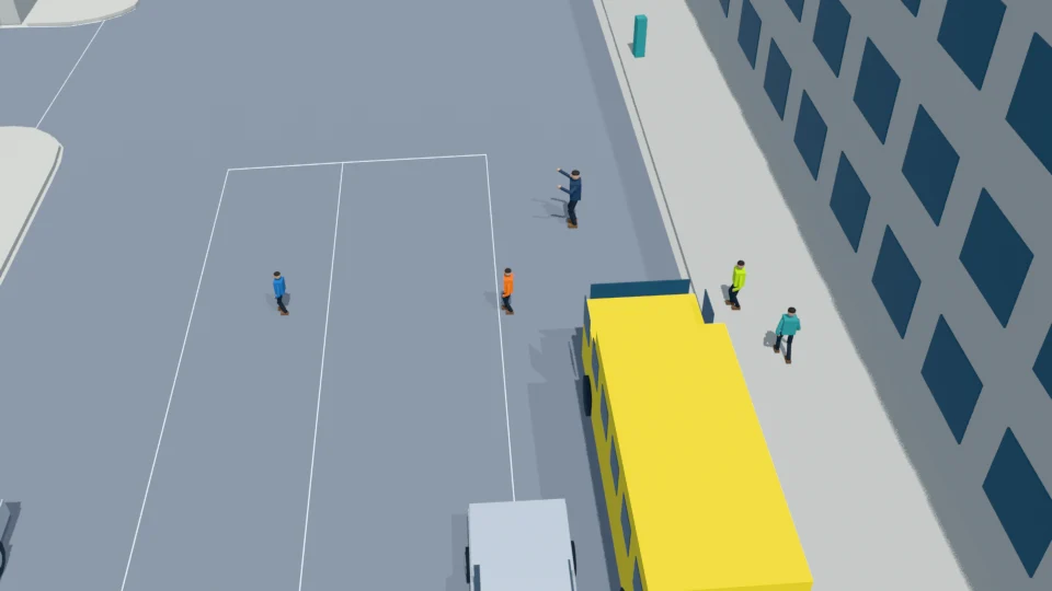Recently alighted pupils dart around a stopped school bus rehearsal
