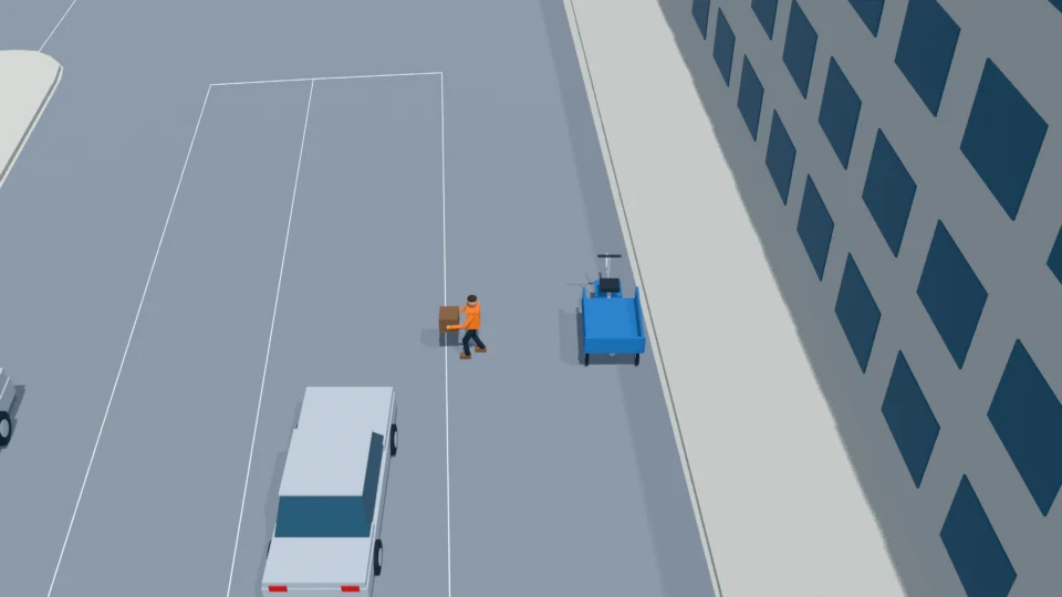 Tricycle courier parks and runs north with a parcel rehearsal