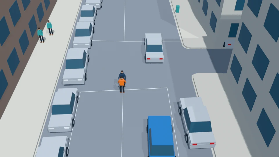 Two drivers confront each other between stopped cars rehearsal