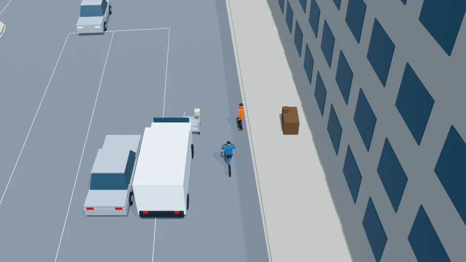 Courier repeatedly crosses a bicycle lane for parcel deliveries rehearsal