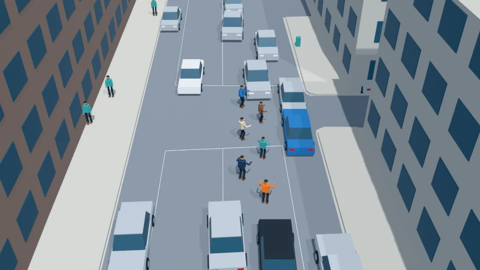 A minor roadside bumper contact attracts a lane-blocking crowd rehearsal
