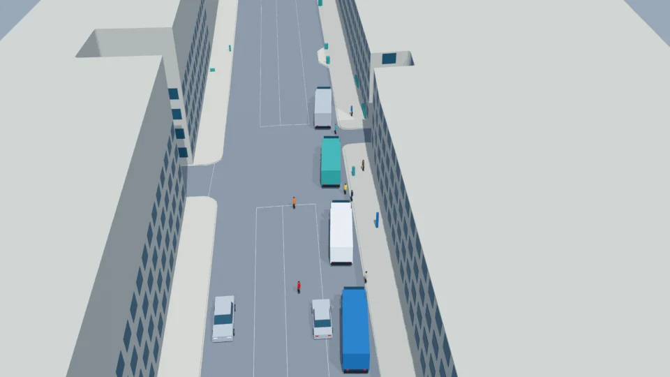 Four occupied buses with passengers threading between them rehearsal