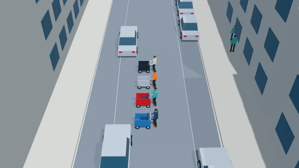 Four pedestrians cross abreast with strollers and shopping carts rehearsal
